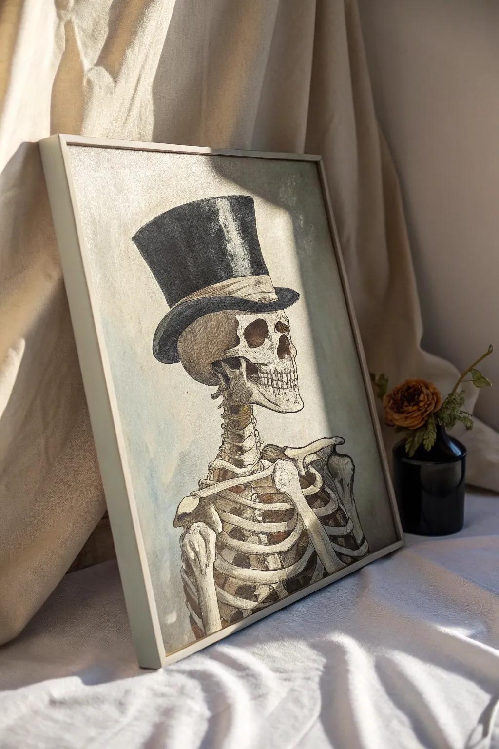 Add a whimsical twist to your Halloween decor with a dapper skeleton in a top hat.