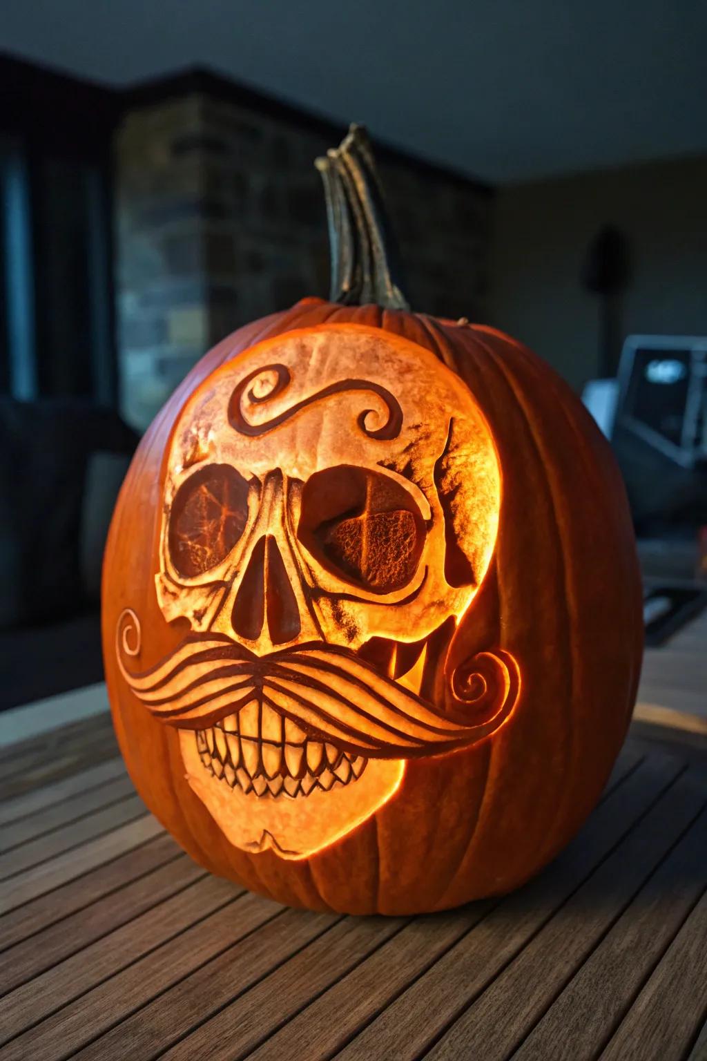 Add a touch of whimsy to your Halloween decor with this dapper mustached skull pumpkin!