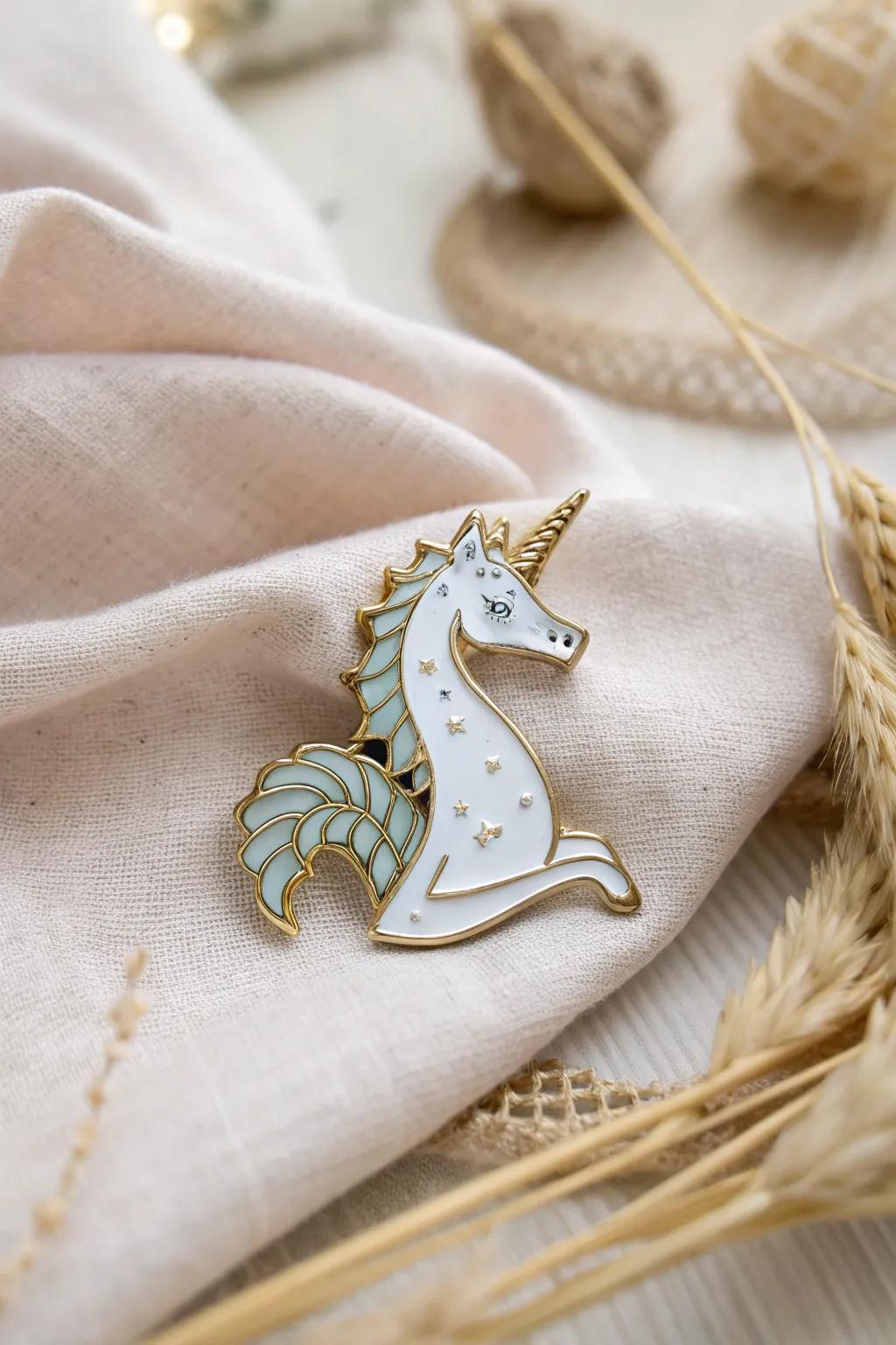 Step into a fantasy realm with this enchanting mythical creature enamel pin.