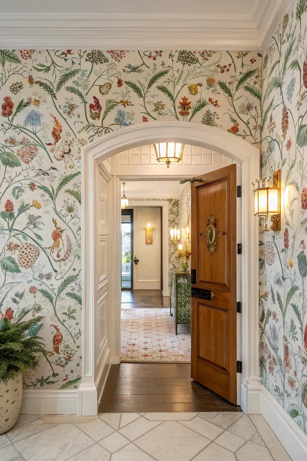 Whimsical wallpaper adds character and interest to the entryway.