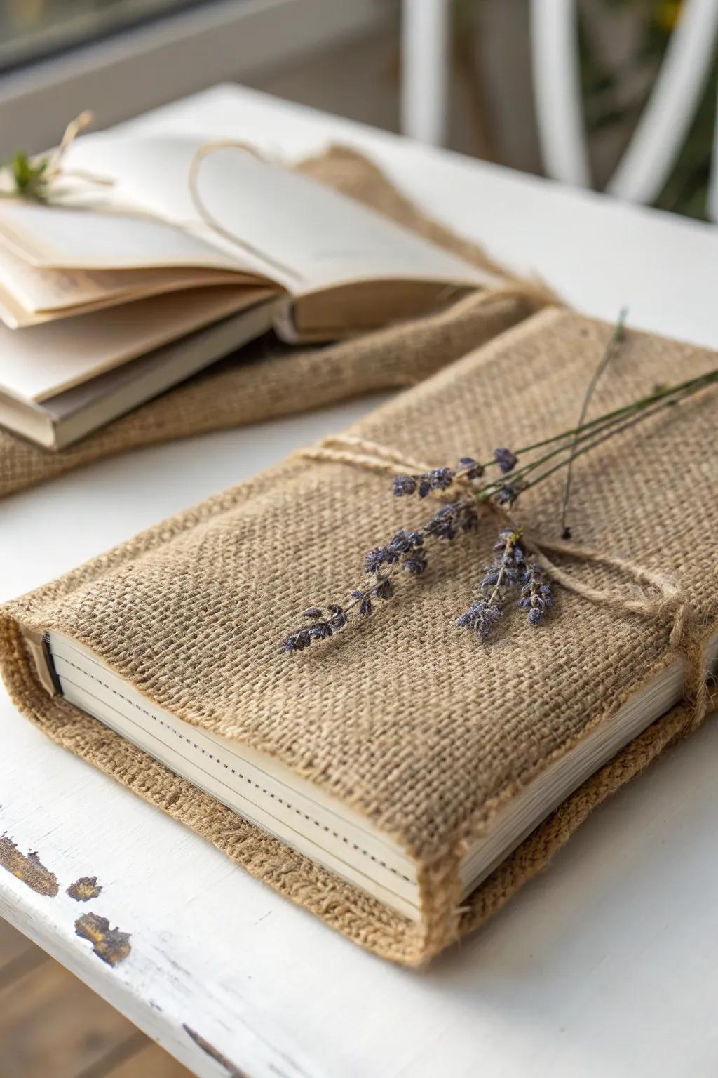 Embrace rustic elegance with a handcrafted burlap book cover, perfect for adding a touch of nature to your reading nook.