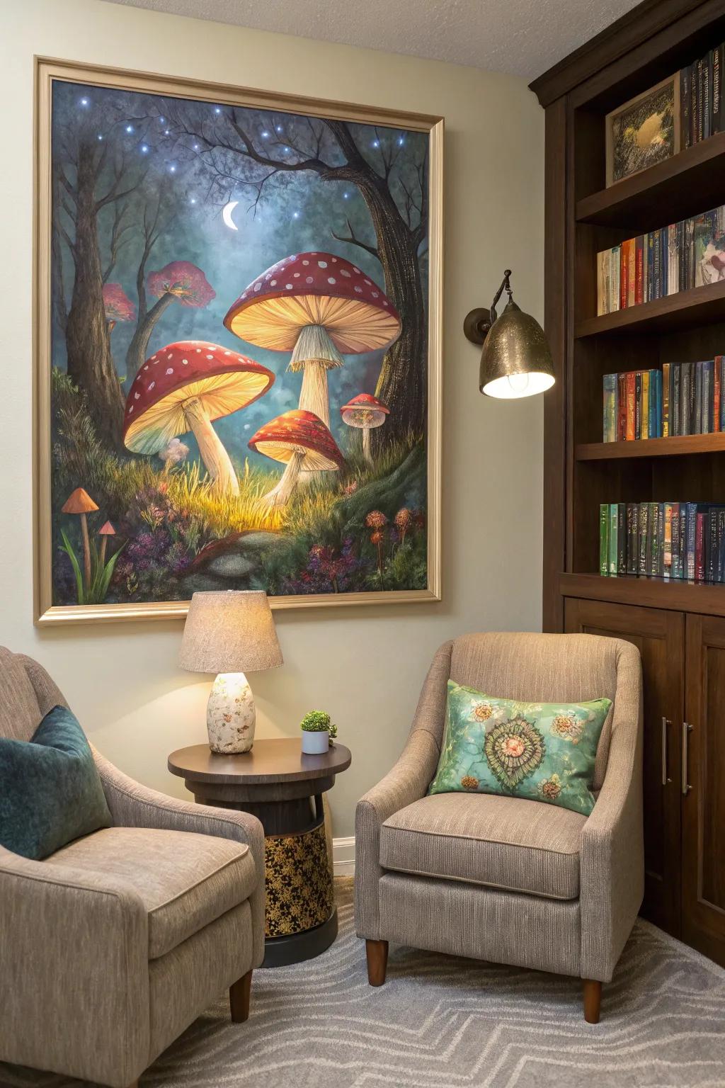 Whimsical mushrooms create an enchanting fairy tale setting.