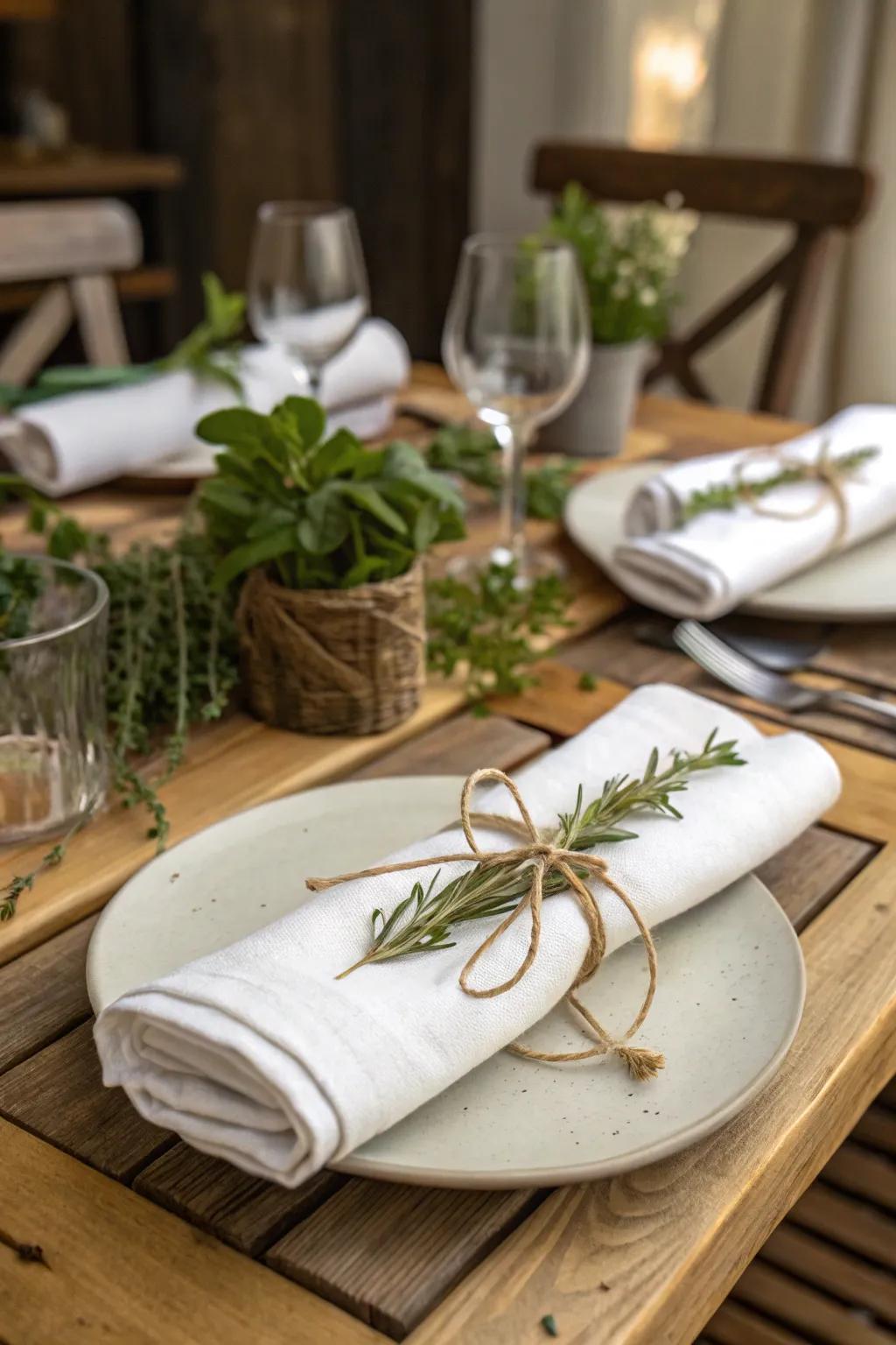 Rolled napkins add a rustic and natural feel to your table.