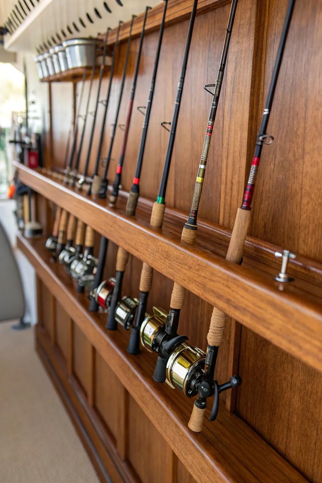Elevate your space with this expertly crafted under-the-shelf fishing rod storage—where functionality meets art!