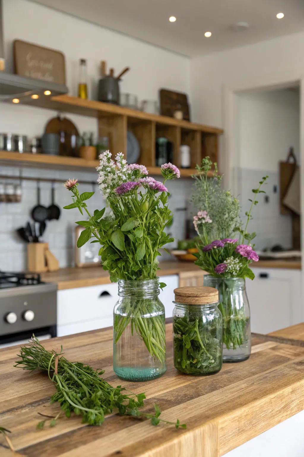 Upcycled jars make sustainable and charming vases.