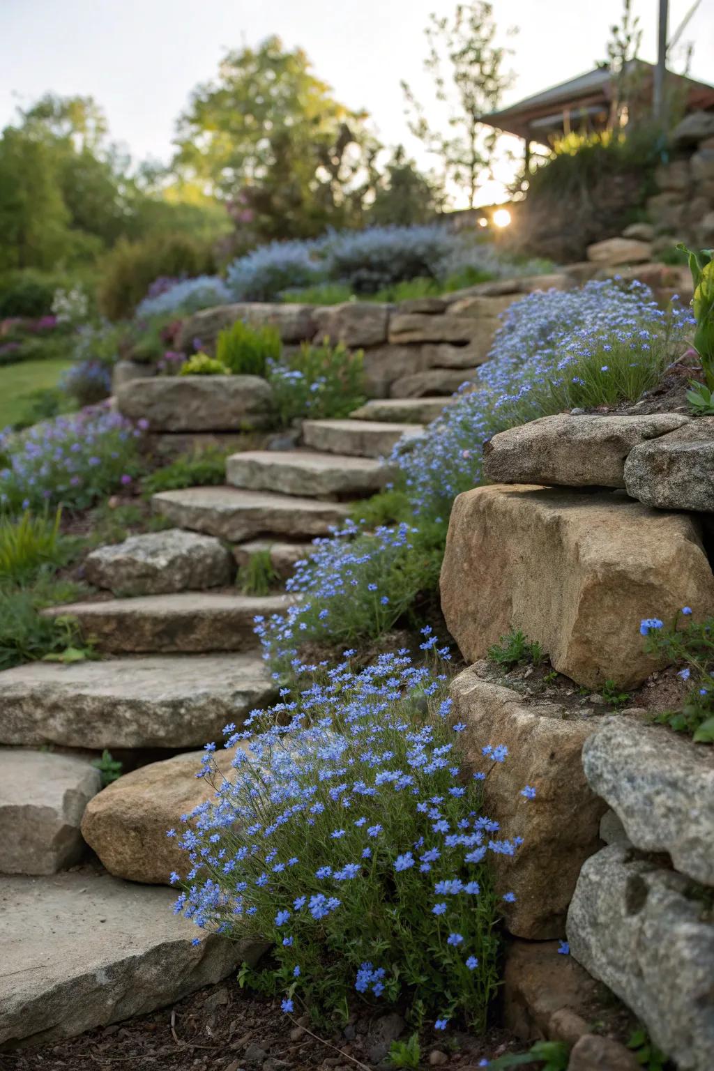 Layered rock gardens emphasize the natural beauty of forget-me-nots.