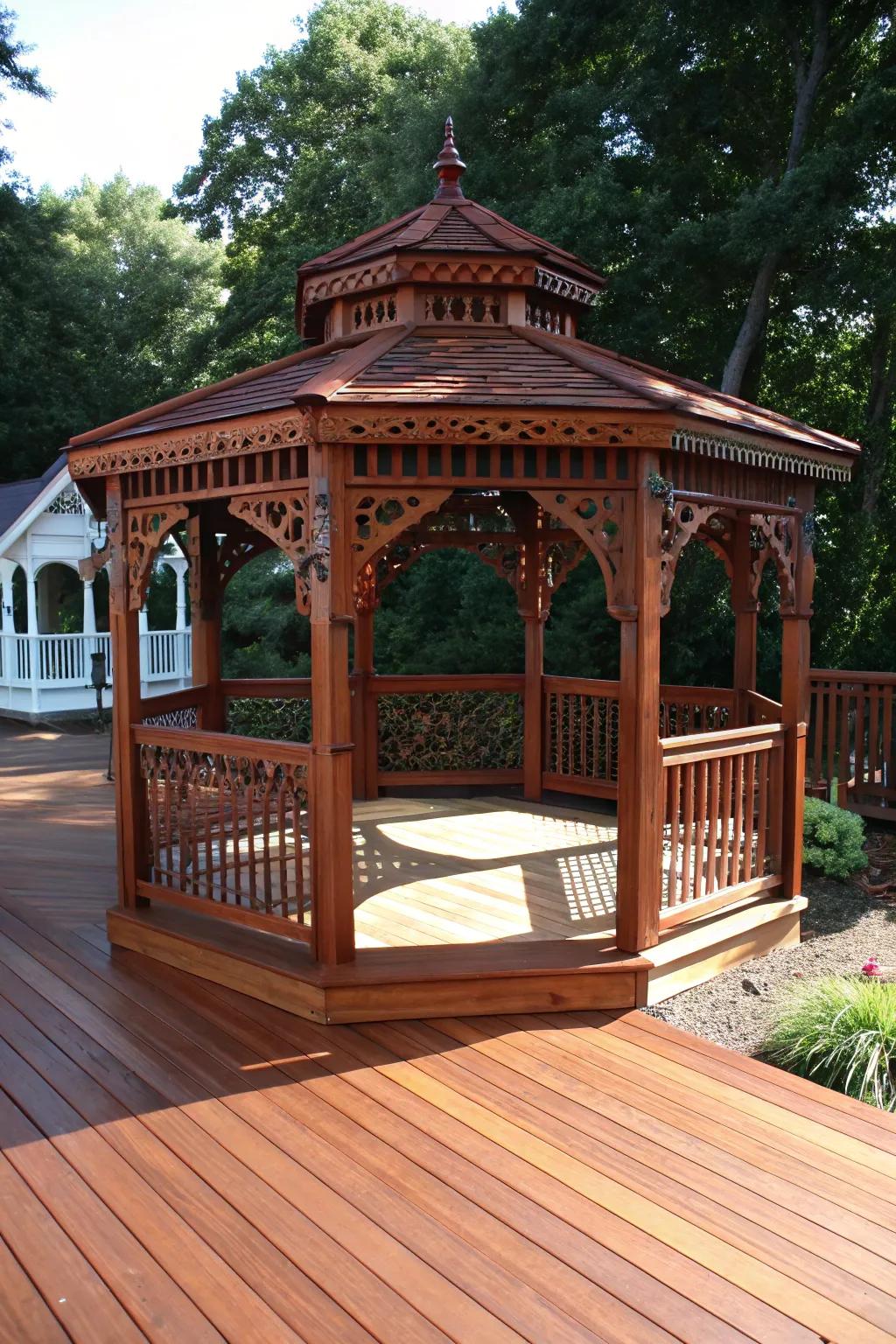 Elevate your outdoor space with a handcrafted gazebo on a stunning deck – your perfect mini-vacation spot at home.