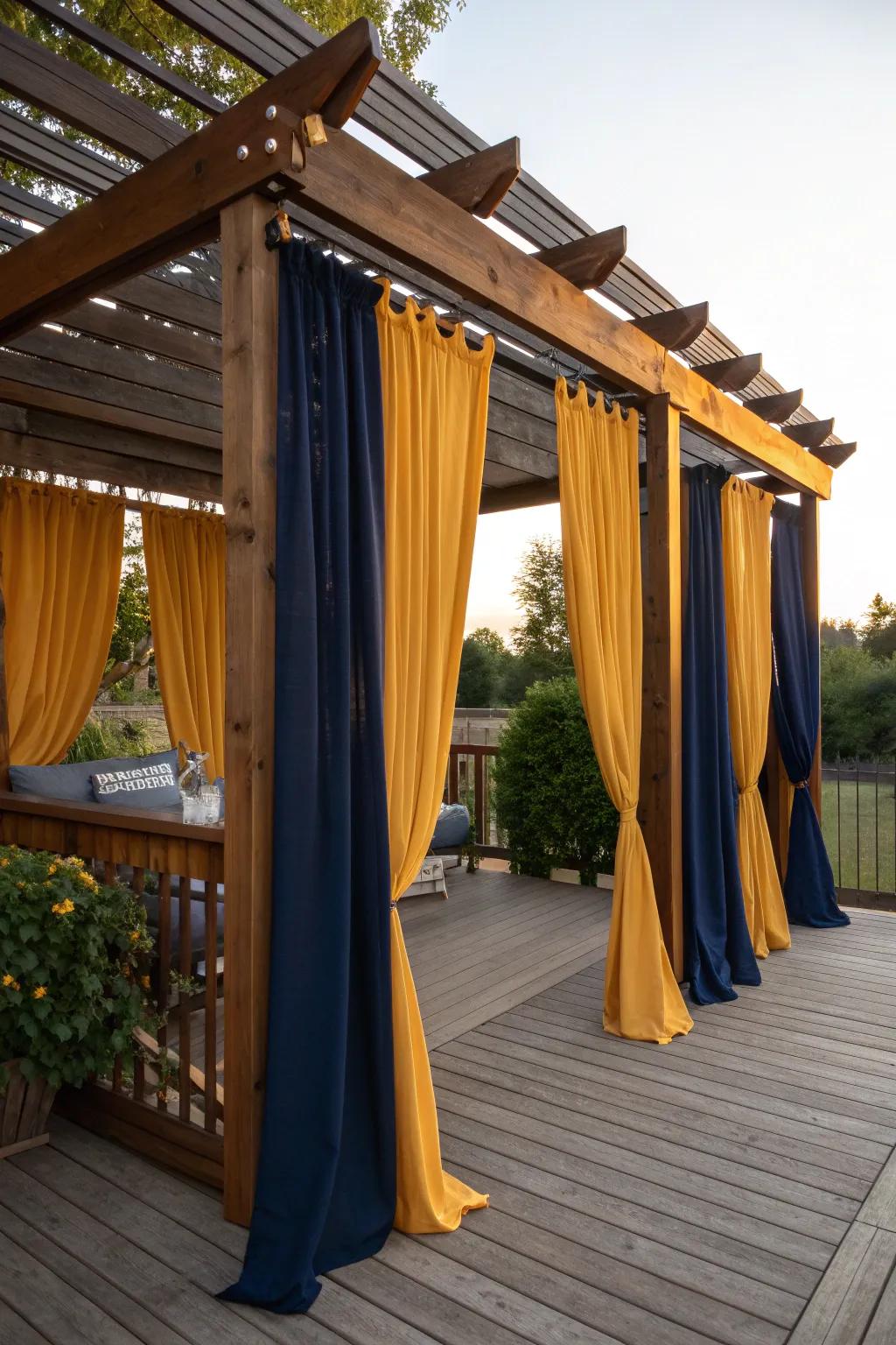 Transform your porch into a stylish retreat with a pergola adorned with bold outdoor curtains.