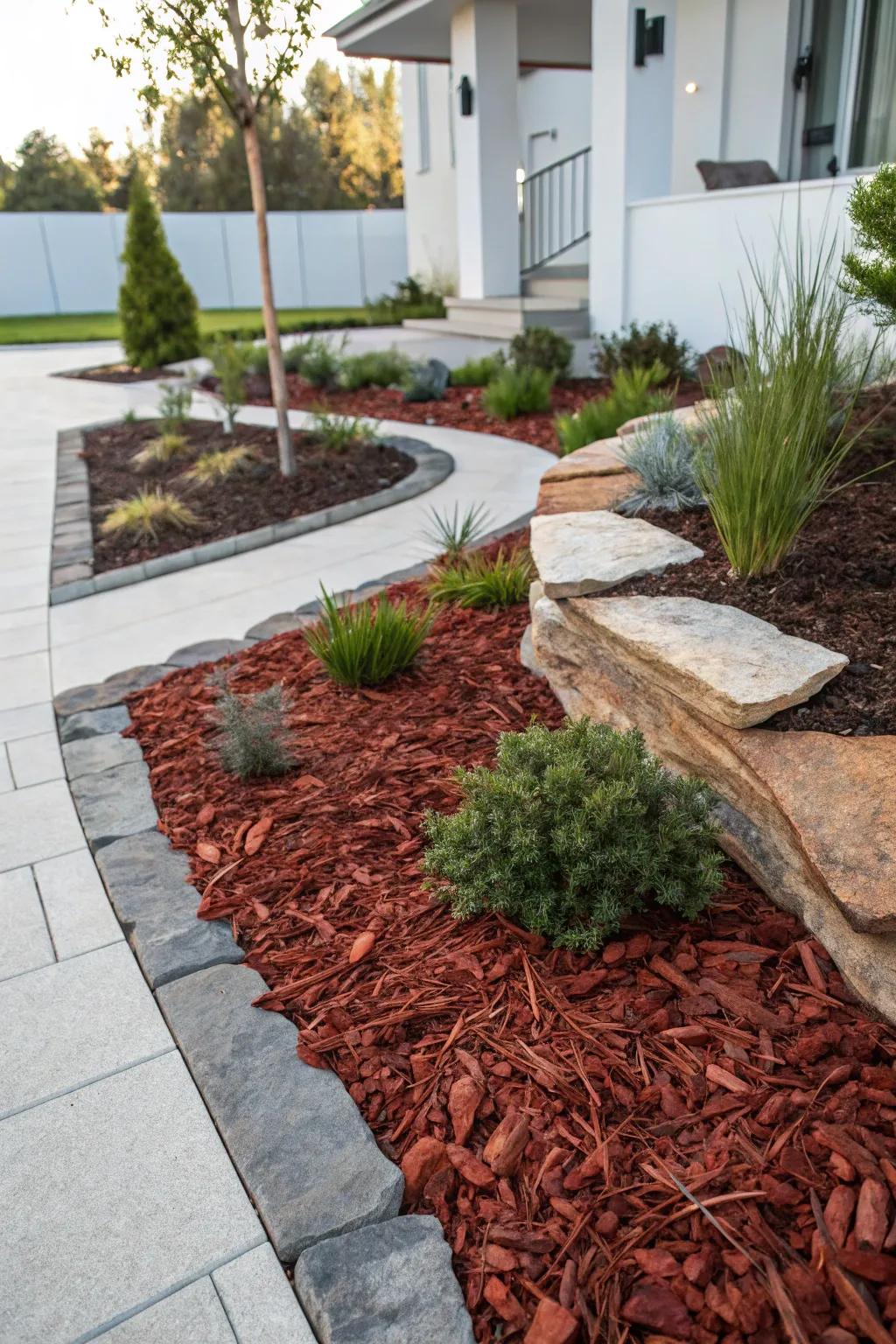 Discover the charm of mixed mulch magic—where texture meets elegance in your front yard.