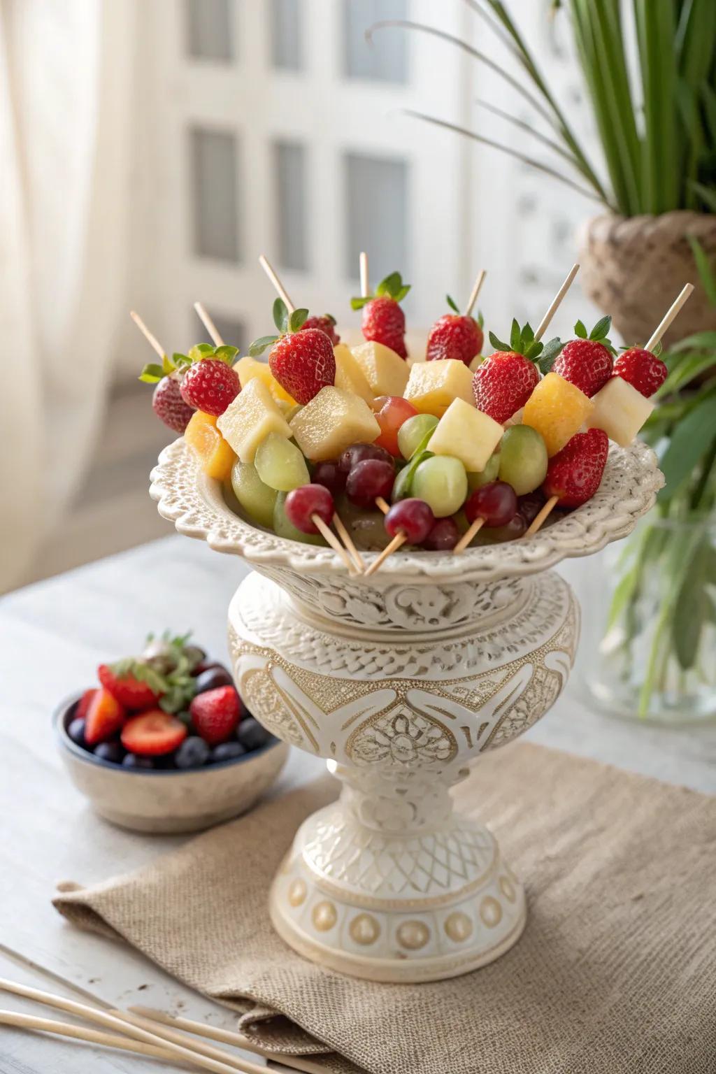 Elevate your fruit kabob presentation with a touch of vintage elegance.