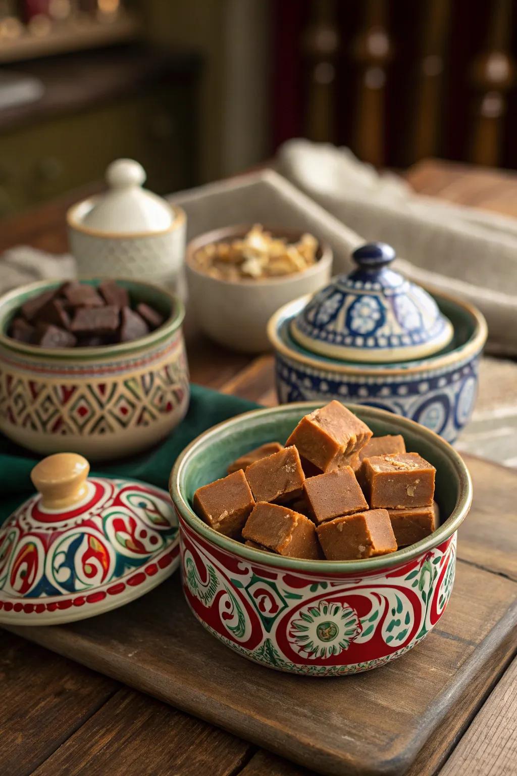 Artistic fudge display in hand-painted ceramics.