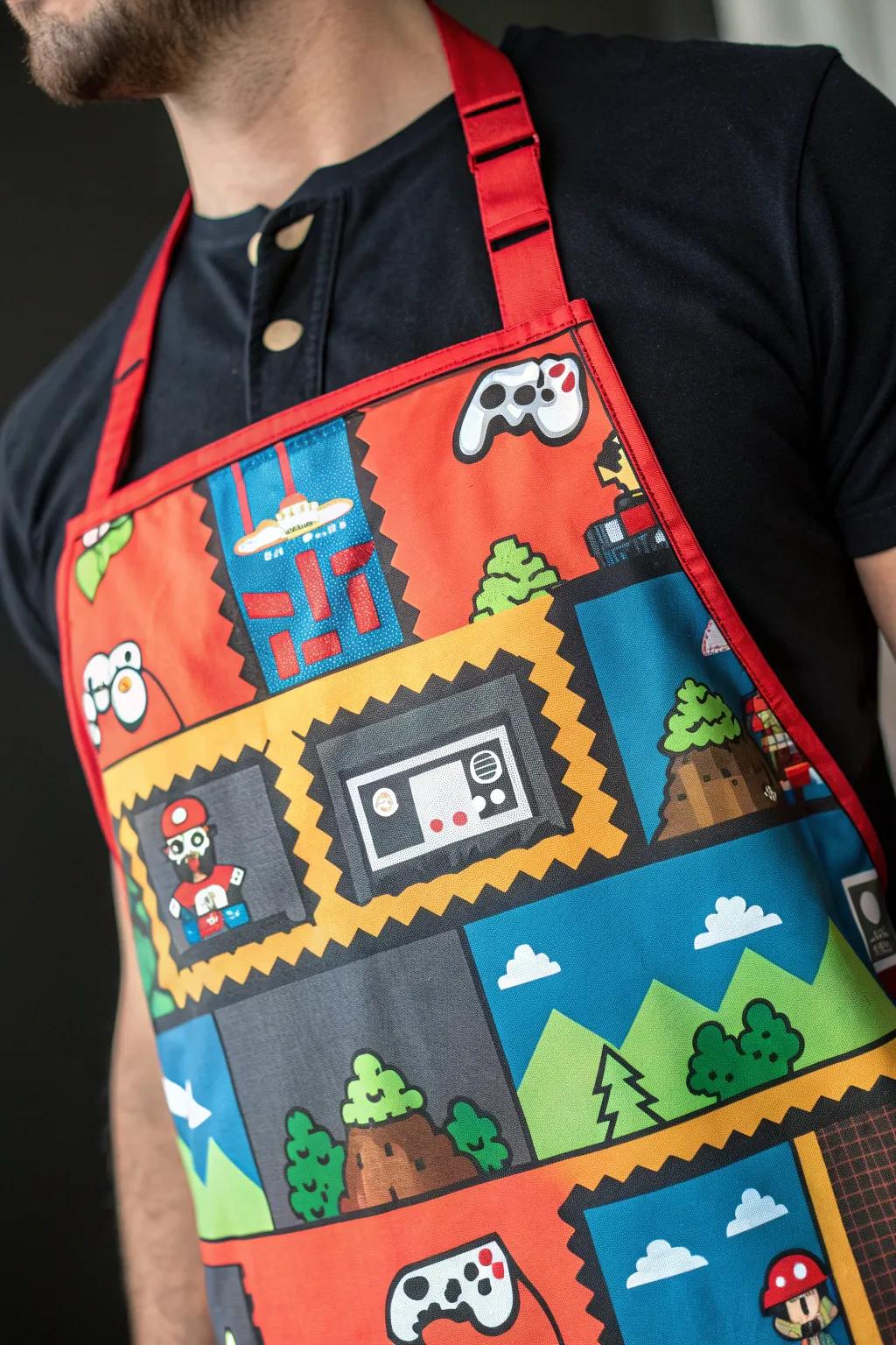 Level up your cooking game with this vibrant gamer apron!