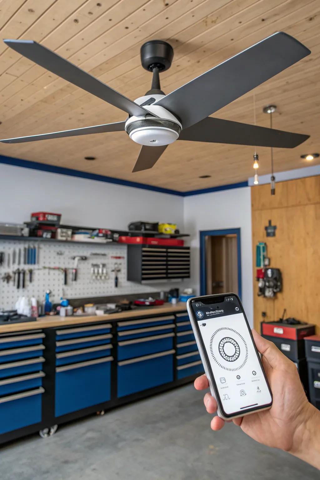Elevate your workshop with a smart ceiling fan that combines tech-savvy convenience and bold design.