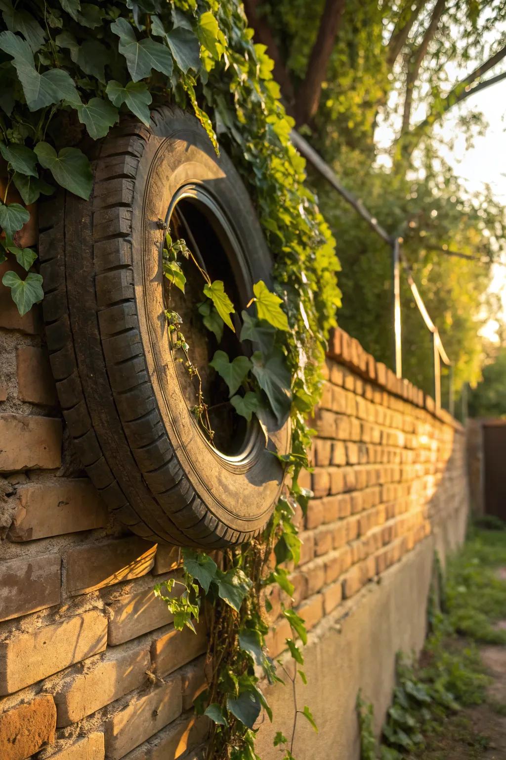 Transform your garden with a striking vertical garden crafted from a vintage tire, where nature meets art.