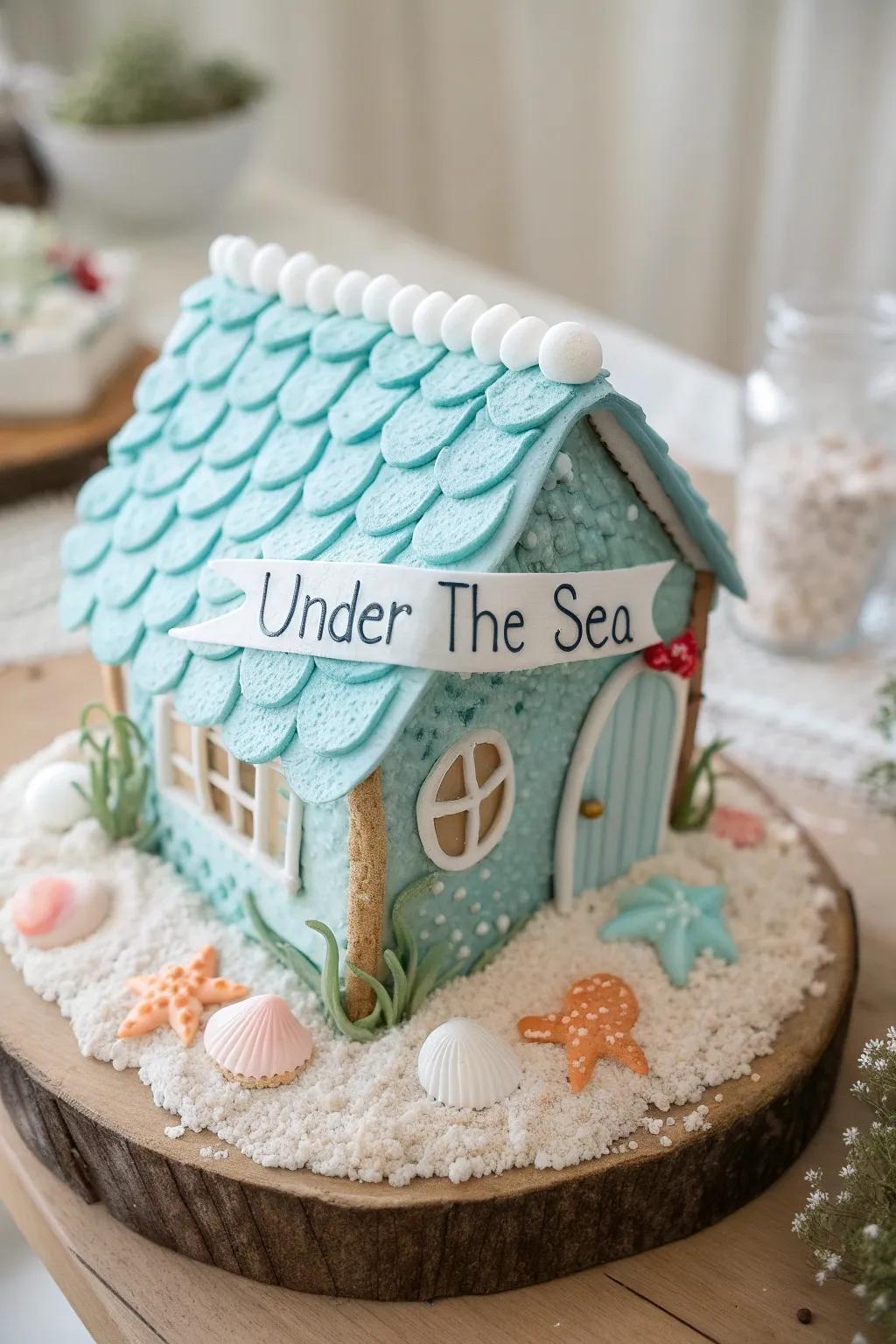 Dive into sweetness with this charming under the sea gingerbread house, where waves of creativity meet minimalist beauty.