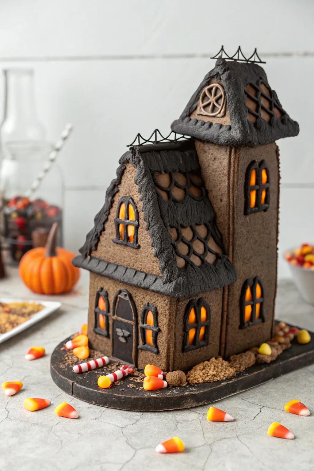 Embrace the spooky side of gingerbread with this elegantly eerie haunted house design!