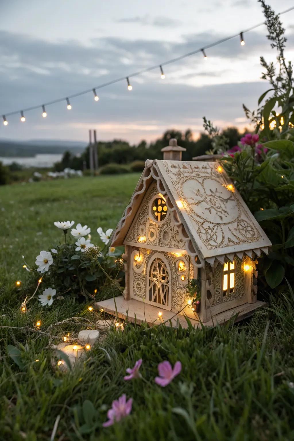 Illuminate your gnome village with enchanting solar fairy lights for a magical night-time glow.