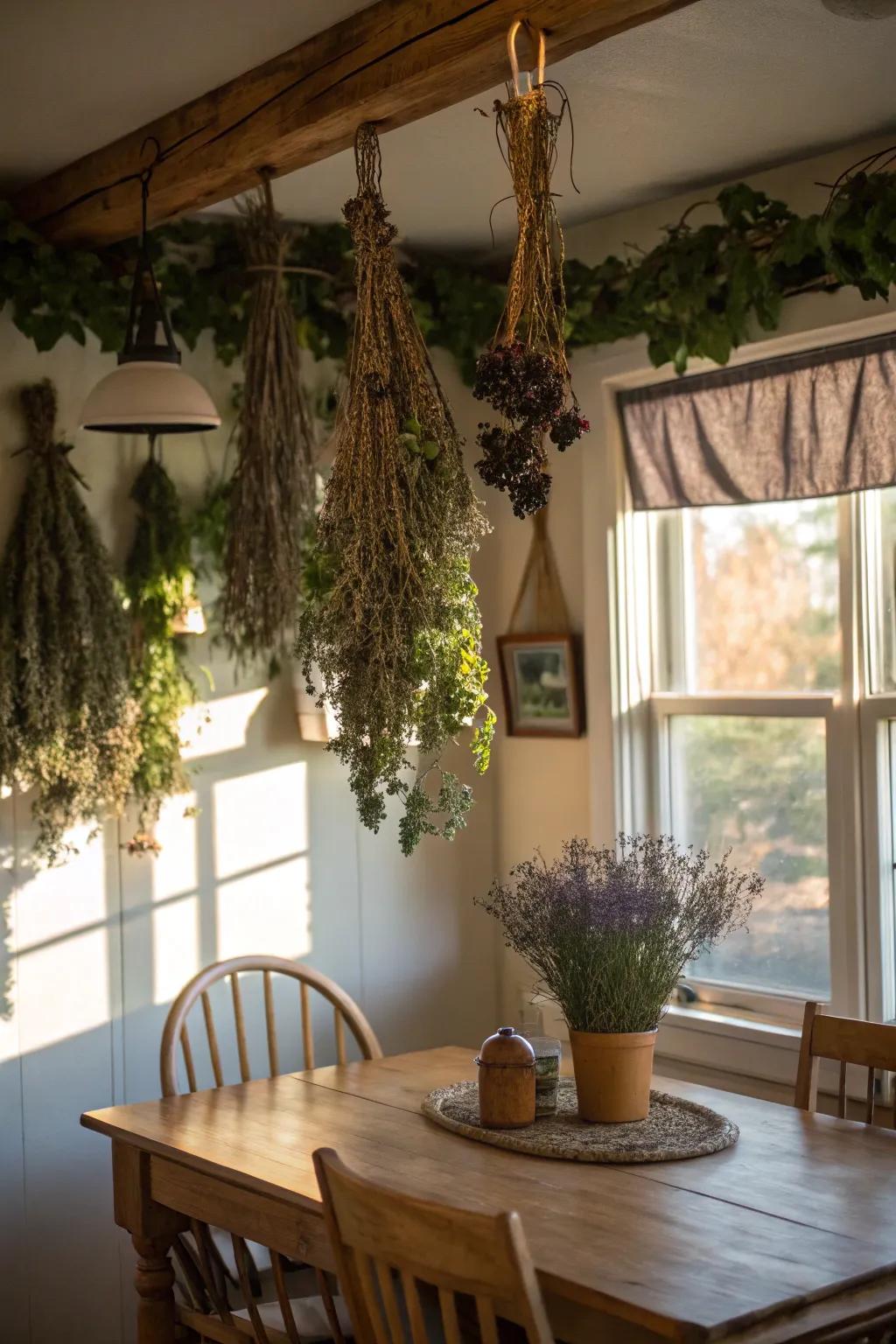 A cozy grapevine swag brings warmth to a kitchen nook.