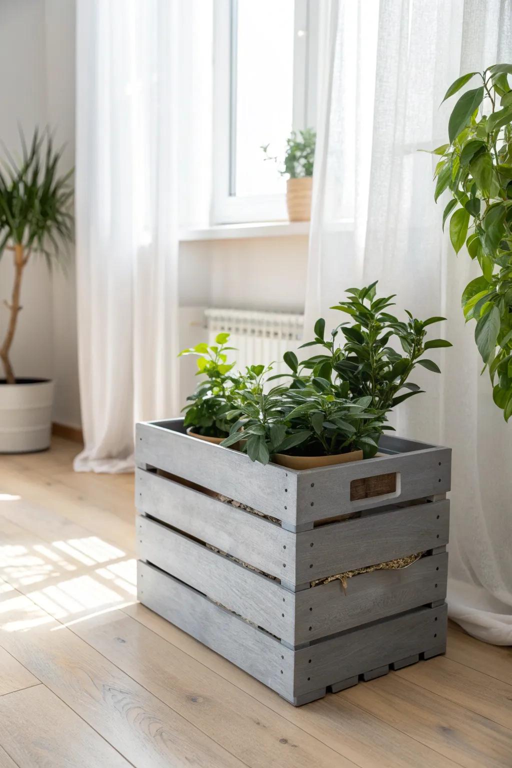 Transform your space with the chic versatility of gray painted crates. Perfect for minimalist storage or a touch of greenery.