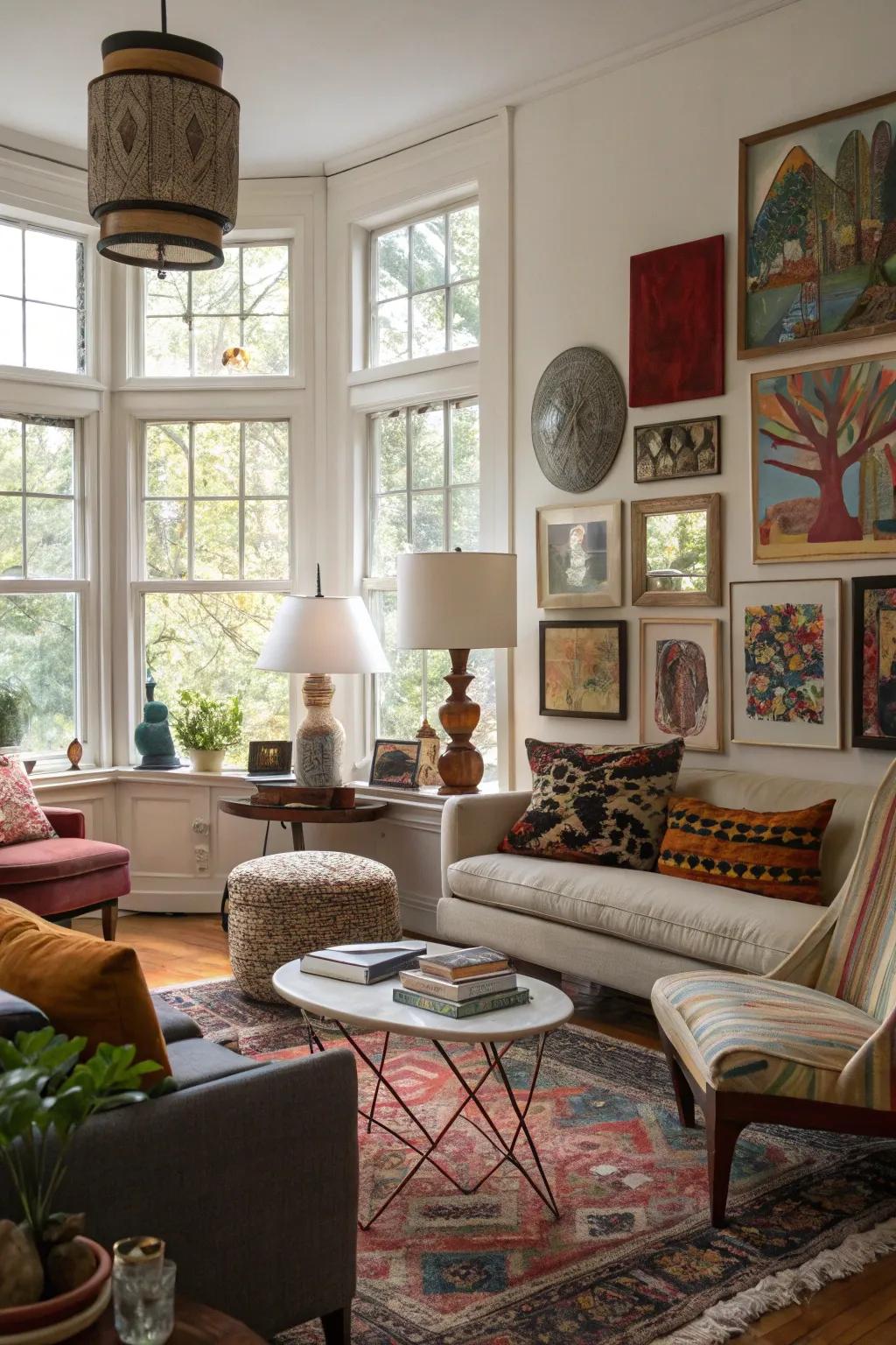 A mix of window shapes creates a visually intriguing and artistic living room.