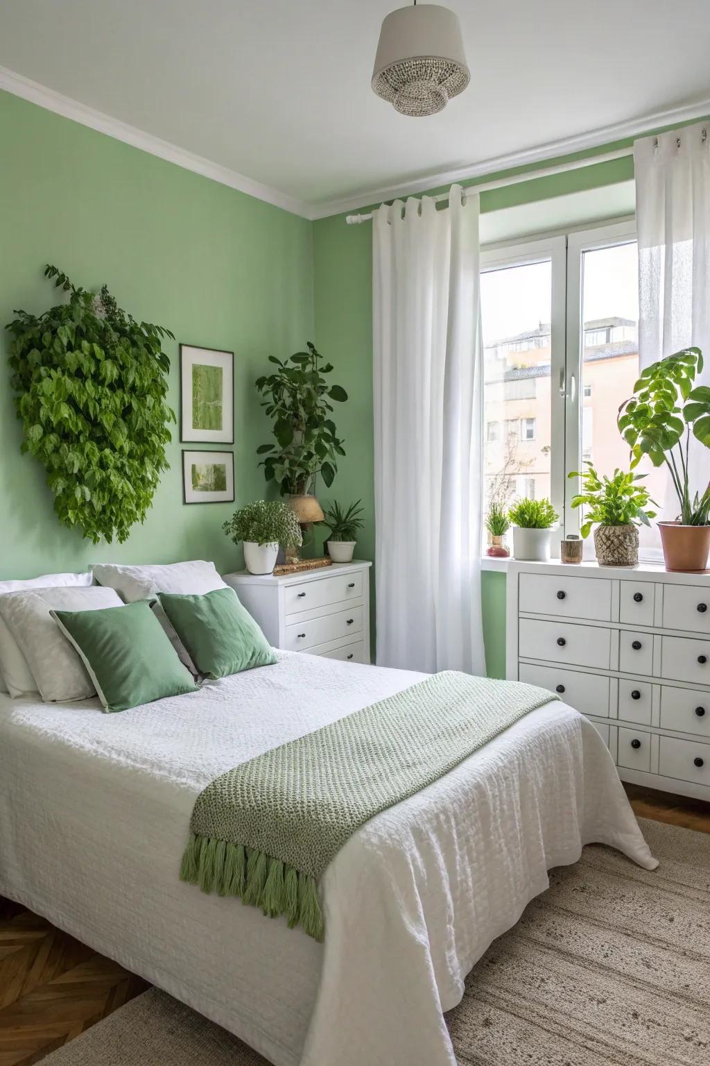 A fresh and clean bedroom with a harmonious green and white theme.
