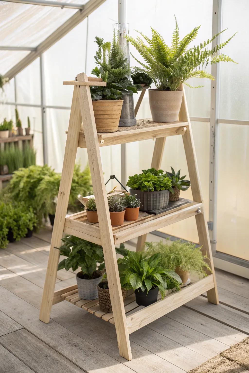 Transform your plant space with this stunning tiered table—an elegant solution for showcasing greenery in style.