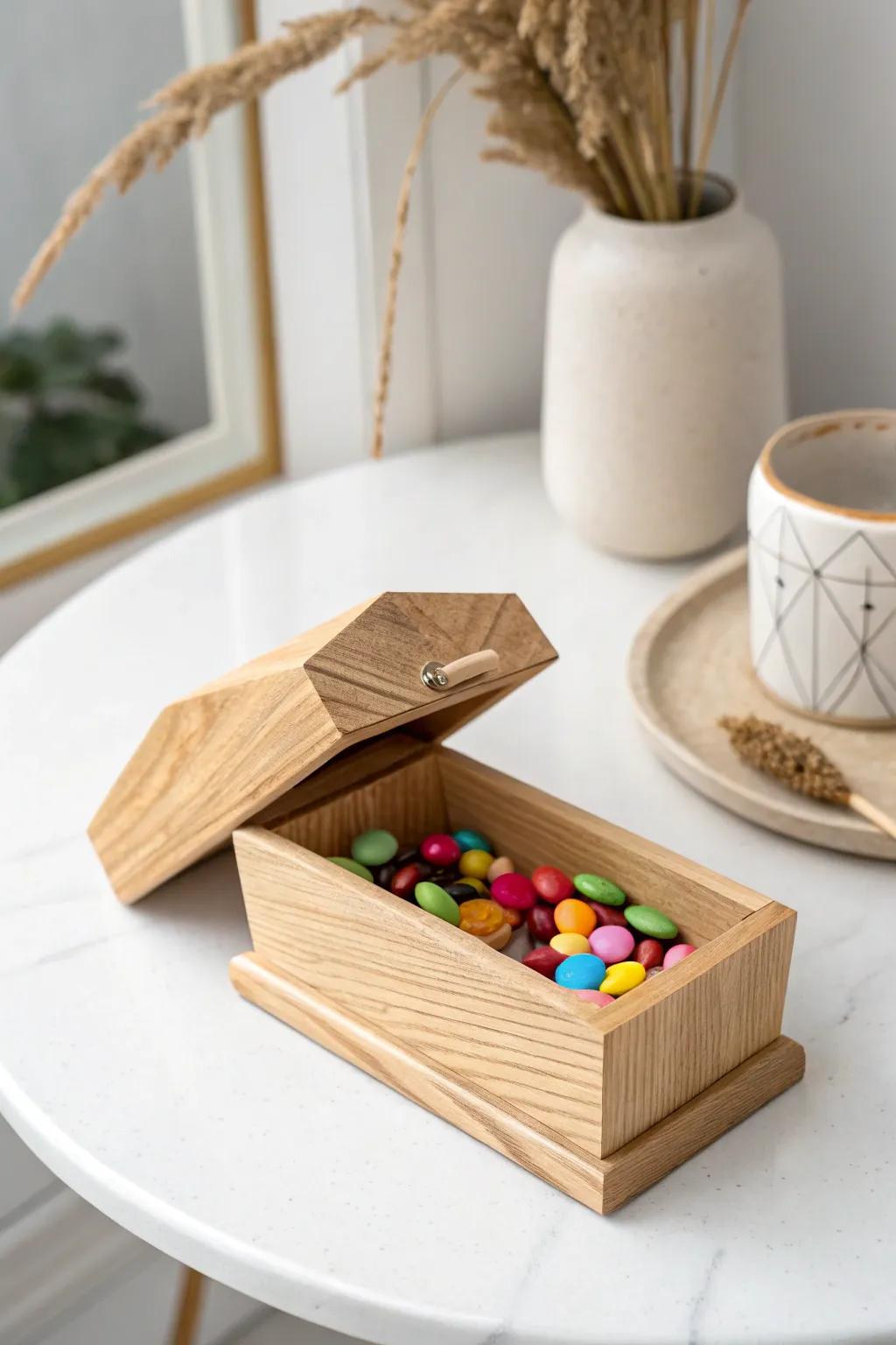 Elevate your Halloween decor with a touch of minimalist elegance using a wooden coffin candy holder.