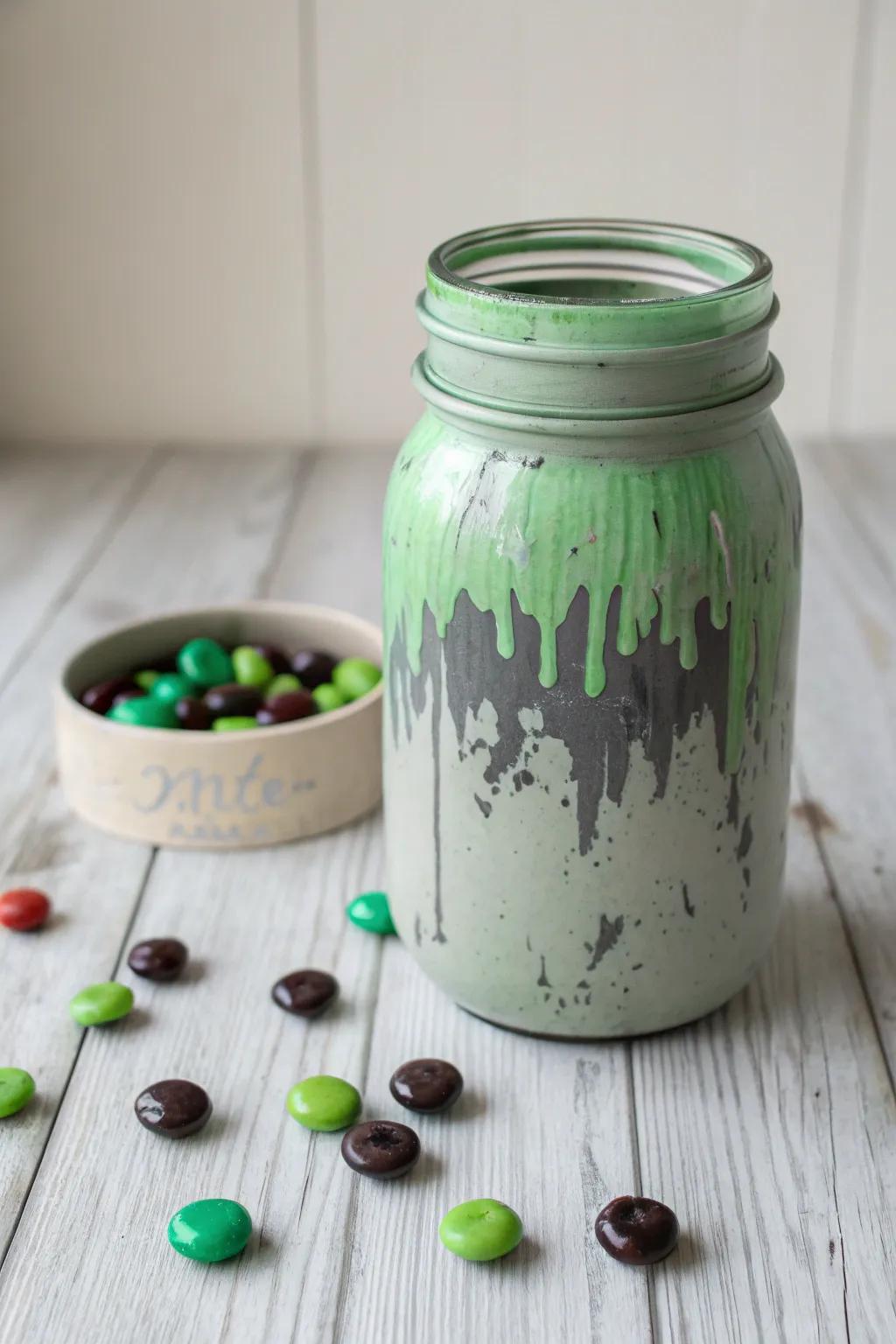Embrace the eerie charm of Halloween with a zombie-inspired mason jar, perfect for storing spooky treats!