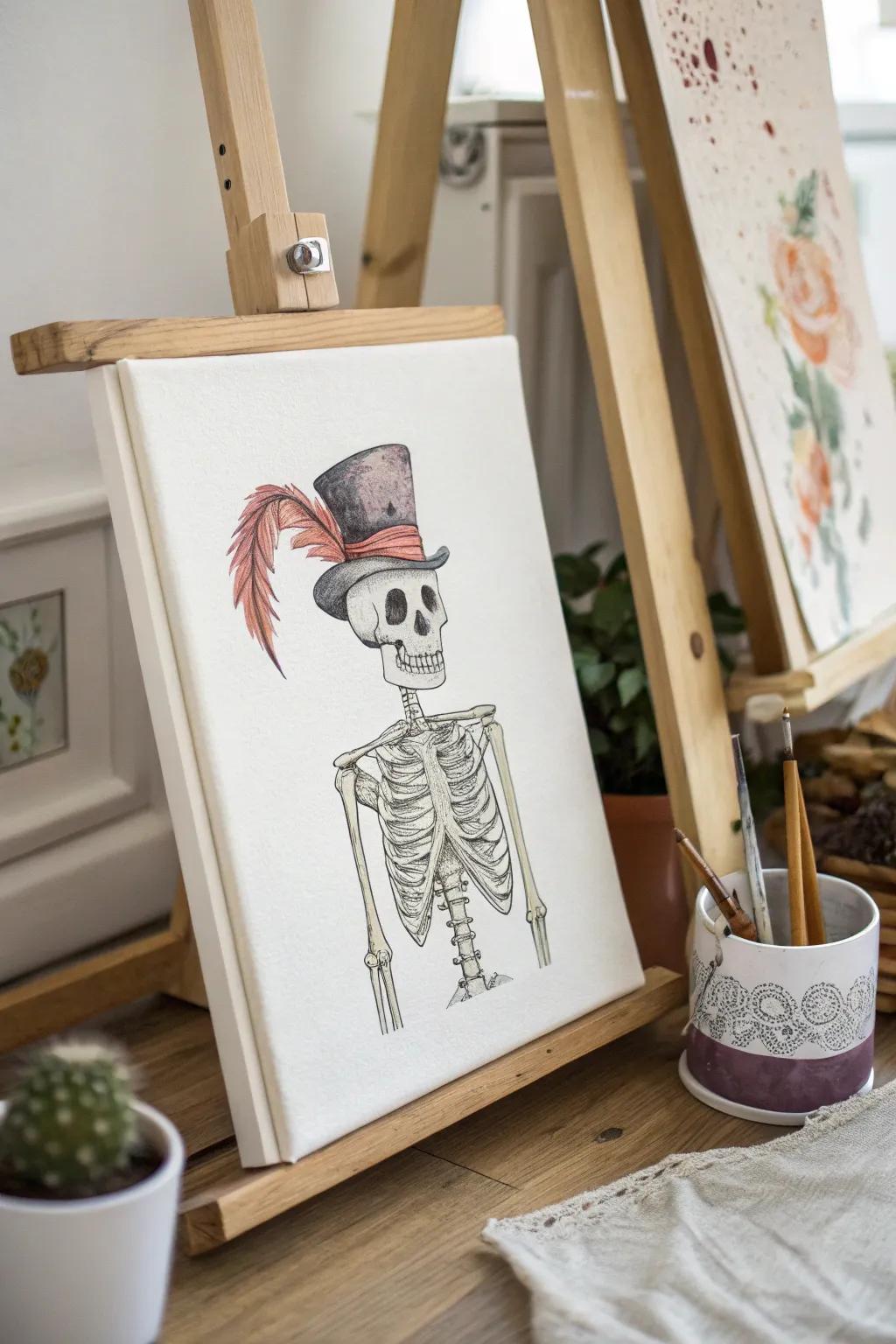Add a touch of humor to your Halloween with this charming skeleton in a top hat—where minimalism meets spooky fun!