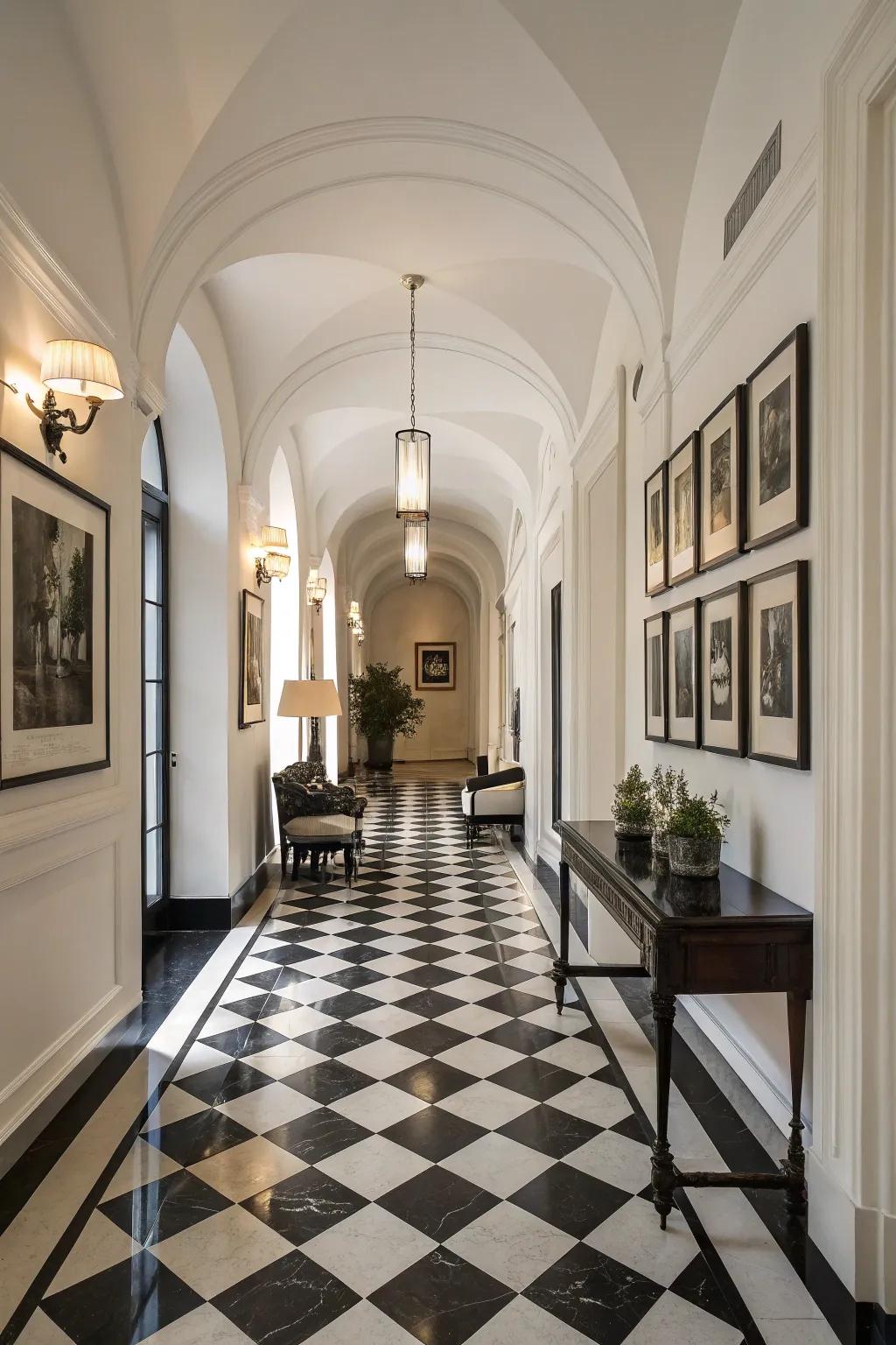 Black and white offers timeless elegance to hallway designs.