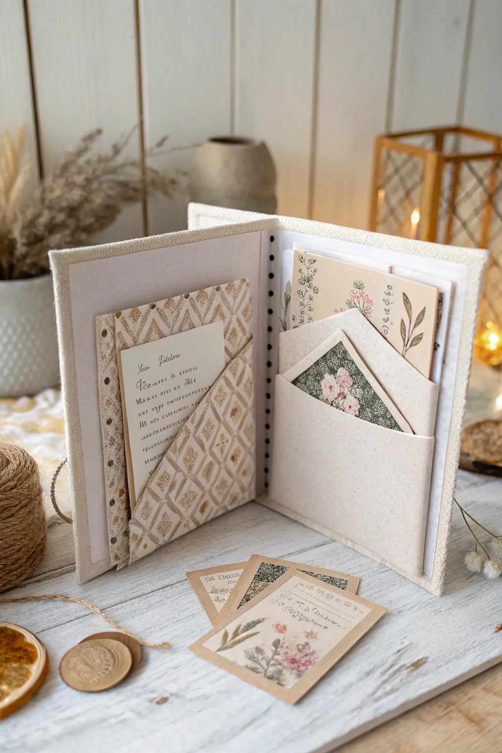 Discover the charm of hidden treasures with a handmade scrapbook featuring elegant pockets.