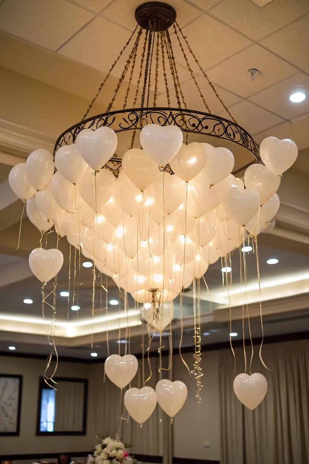 A playful heart balloon chandelier adds whimsy.