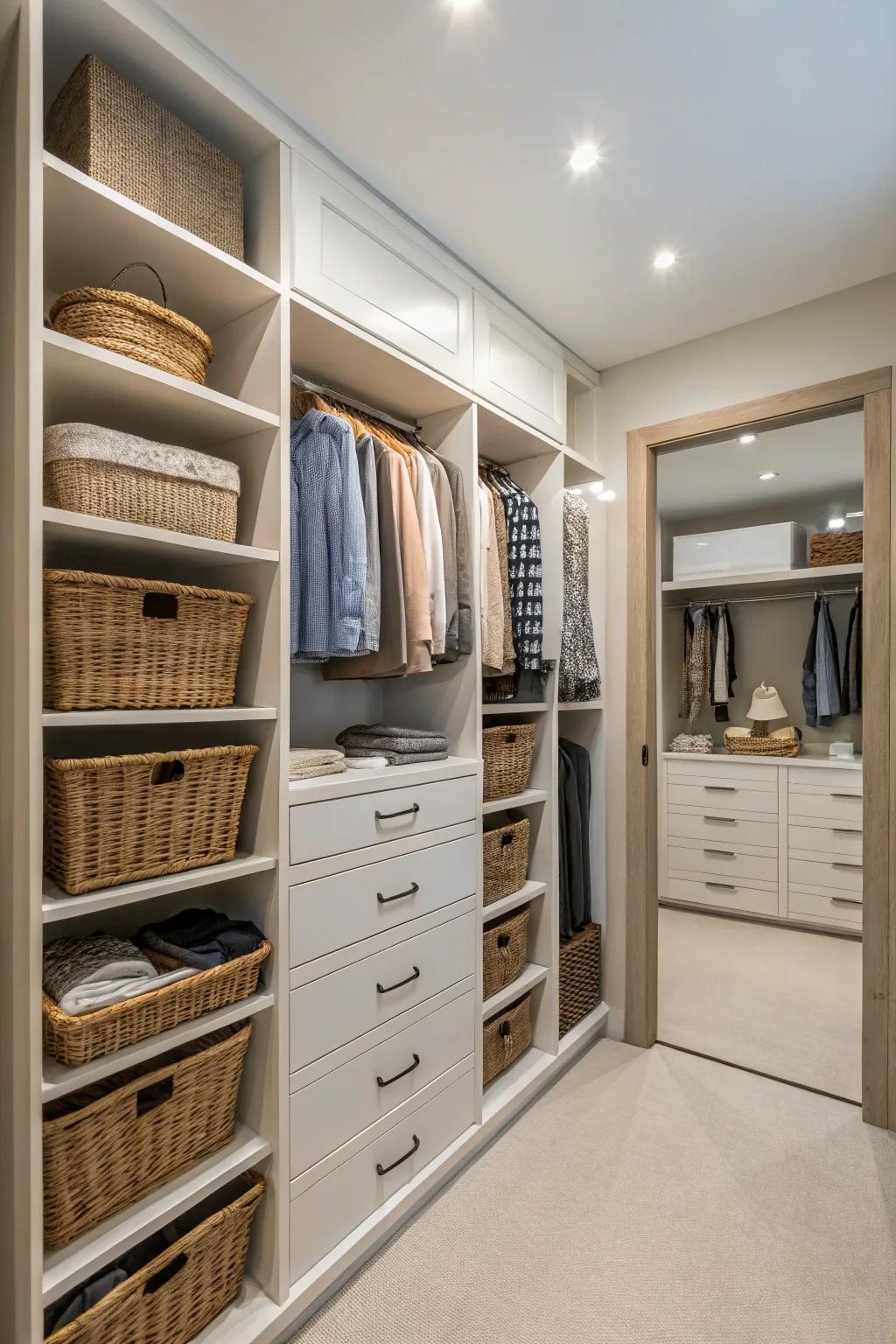 Integrated closet hampers for a streamlined wardrobe.