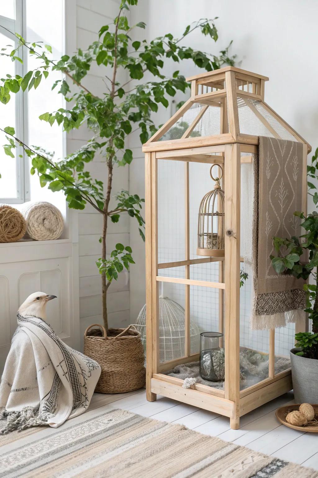 Transform your space into a serene sanctuary with a stunning minimalist bird aviary, blending Scandinavian simplicity with boho elegance.