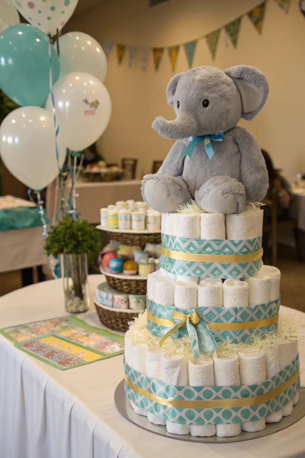 Practical and adorable elephant diaper cake.