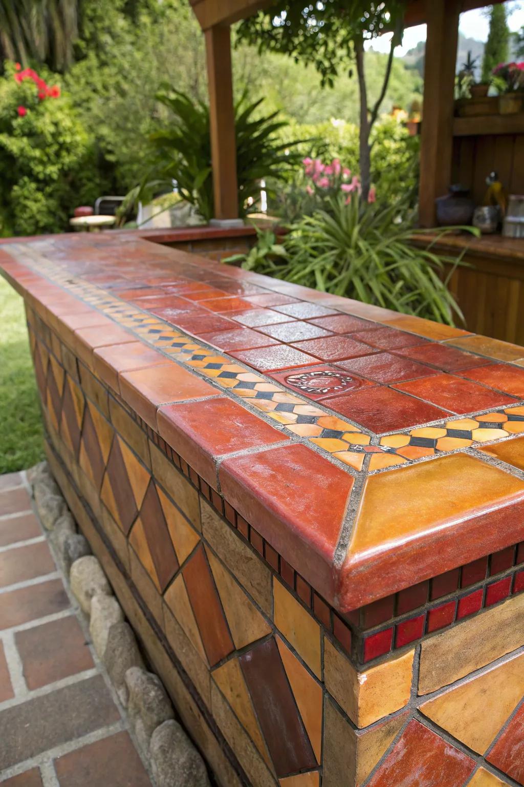 Elevate your garden with the rustic charm of a terracotta tile bar top.