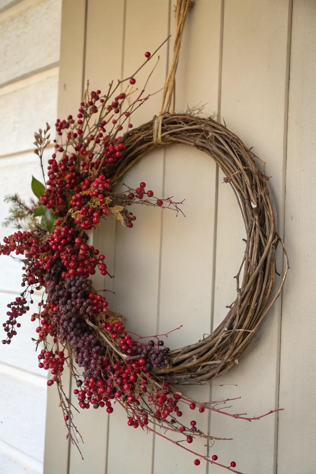 Embrace the seasons with a handcrafted grapevine and berry wreath, a blend of rustic elegance and natural charm.