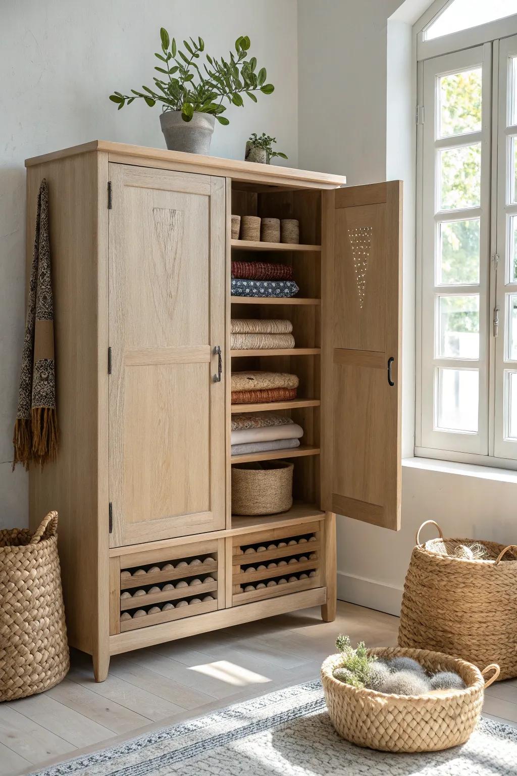 Transform your knitting space with this elegant and organized cabinet. Embrace simplicity and natural beauty!