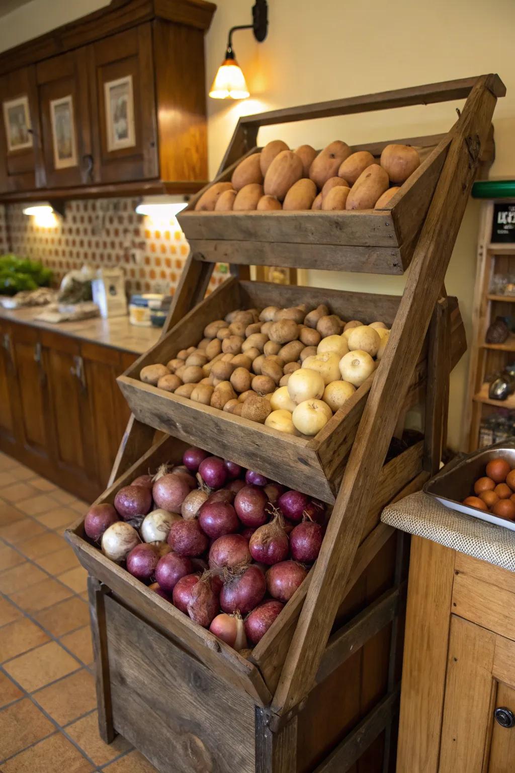 Vintage display stands add character to your kitchen while storing produce.
