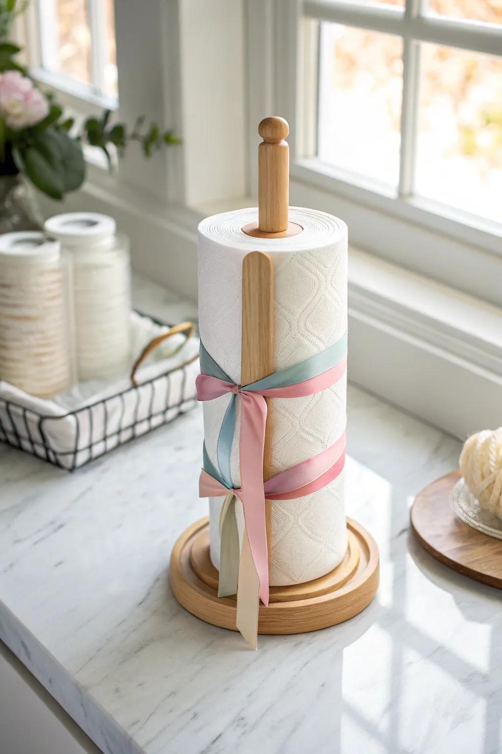 Transform your ribbon storage with Scandinavian elegance: a minimalist paper towel holder solution.