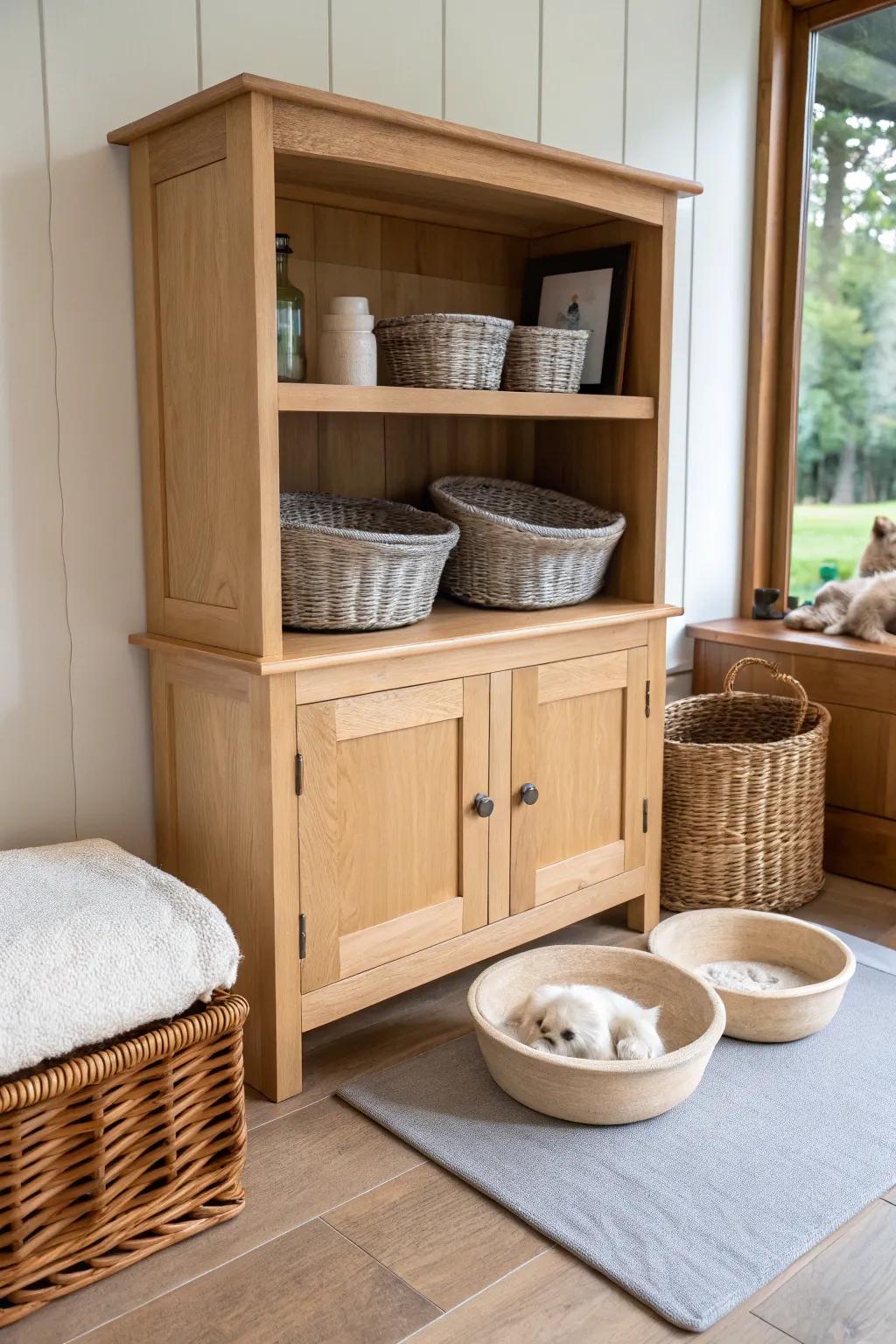 Create a stylish pet station with Scandinavian elegance and a touch of Boho charm.