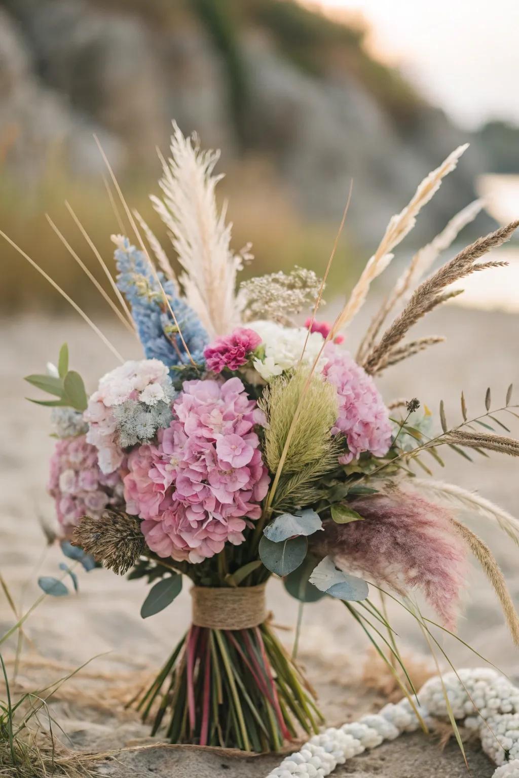 A bohemian bouquet with hydrangeas, feathers, and wild grasses.