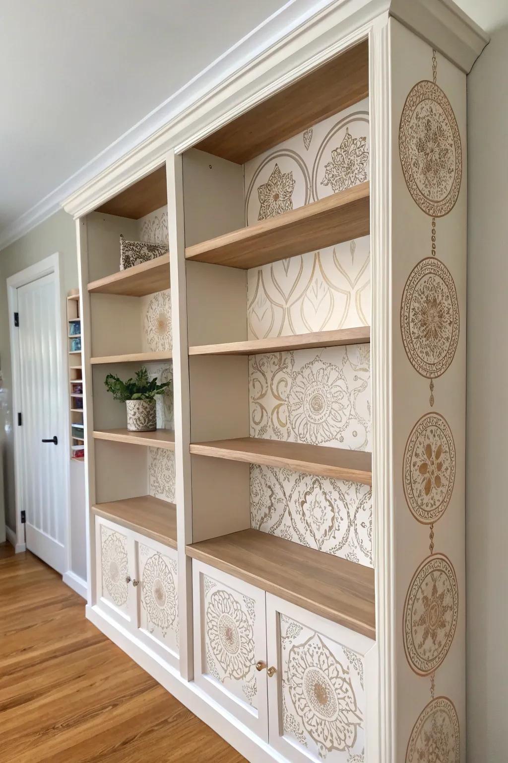 Elevate your bookshelf game with charming stenciled designs for a personal and artistic touch.