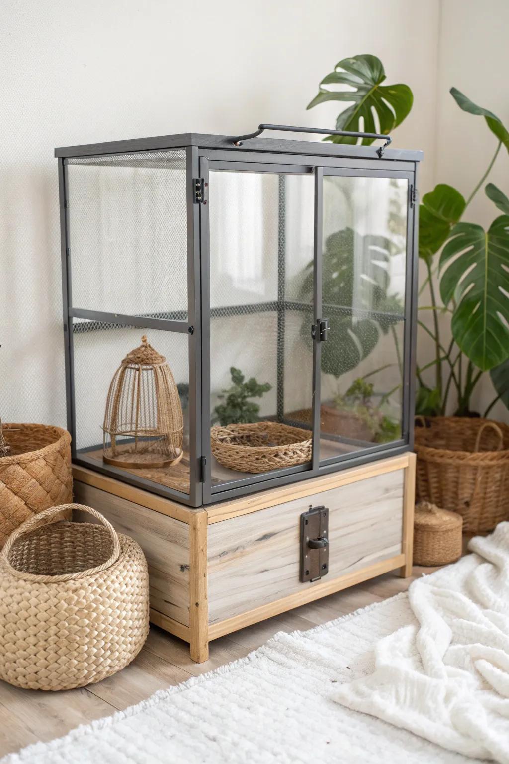 Elevate your iguana's home with a blend of sleek metal, clear glass, and natural wood for a stunning minimalist enclosure.