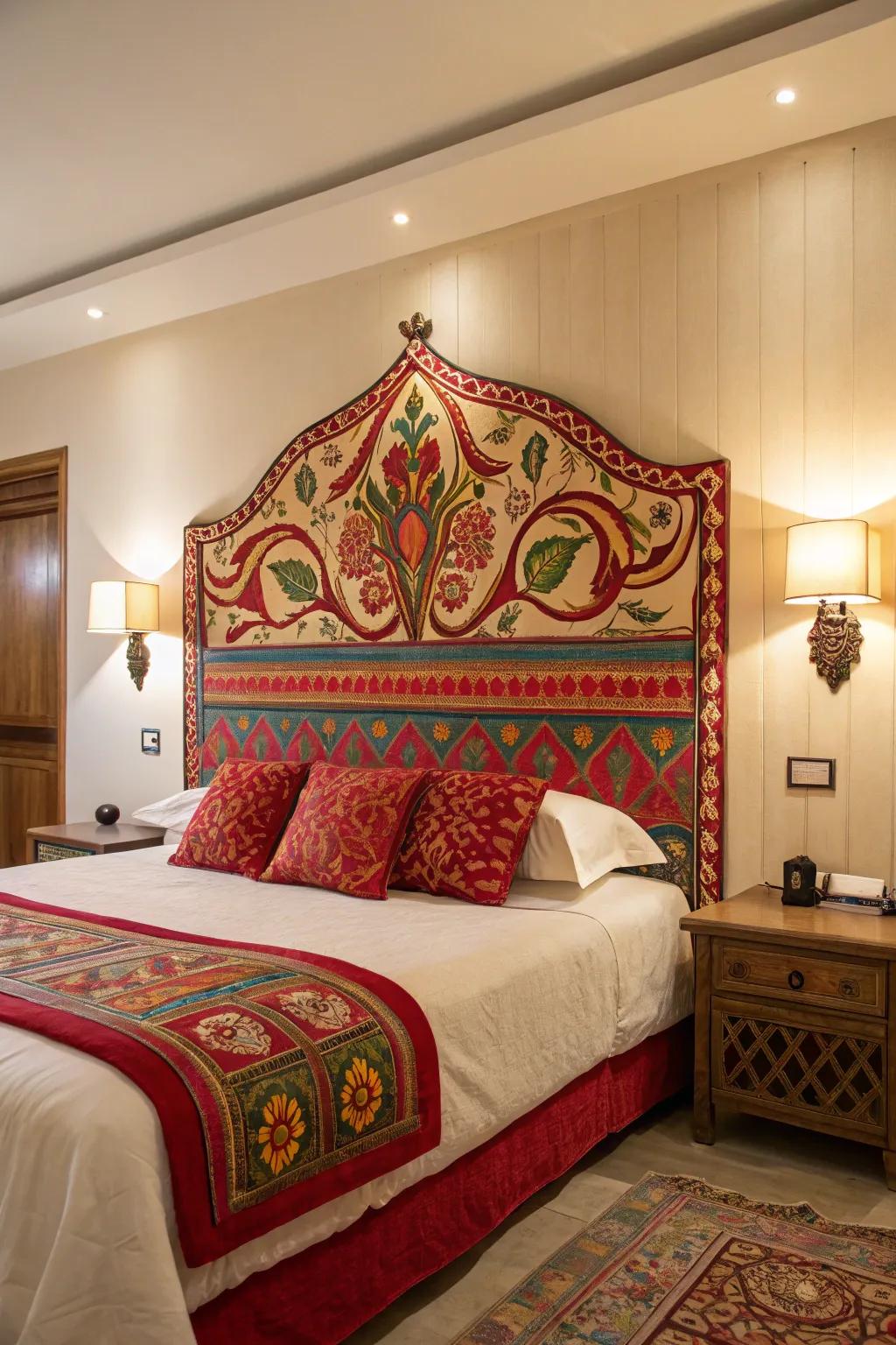 A striking headboard anchors the room's decor.