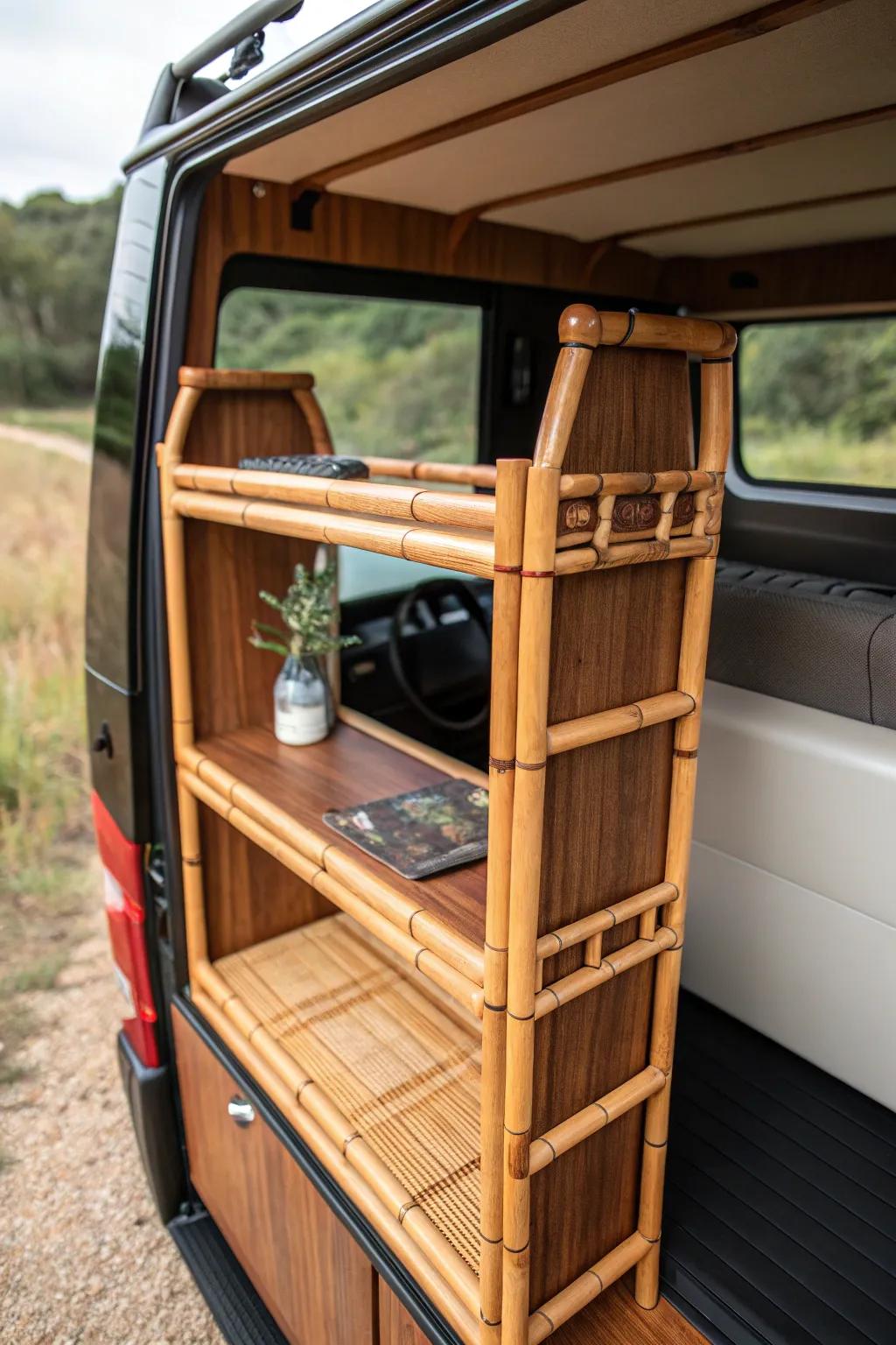 Elevate your van life with sustainable bamboo accents for a chic and eco-friendly touch.