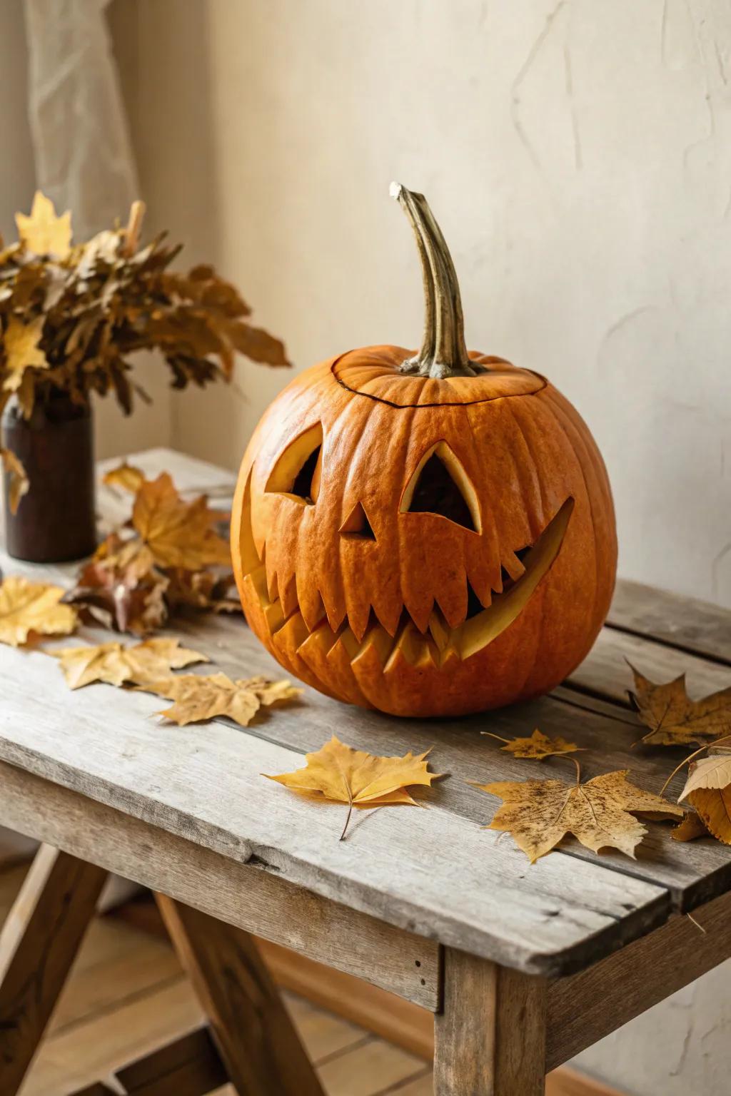 Add a quirky twist to your Halloween with this uniquely carved jack-o'-lantern!