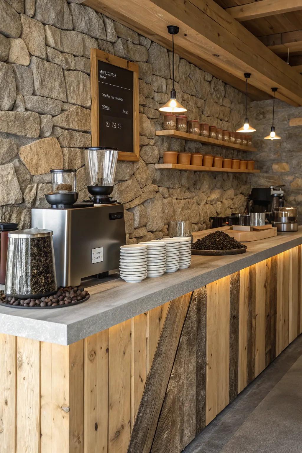 Natural elements add warmth to a kitchen coffee station.