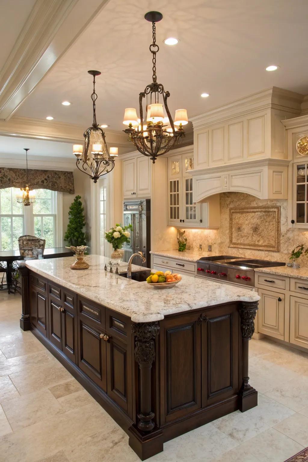 An espresso-colored kitchen island offers a rich and timeless elegance.