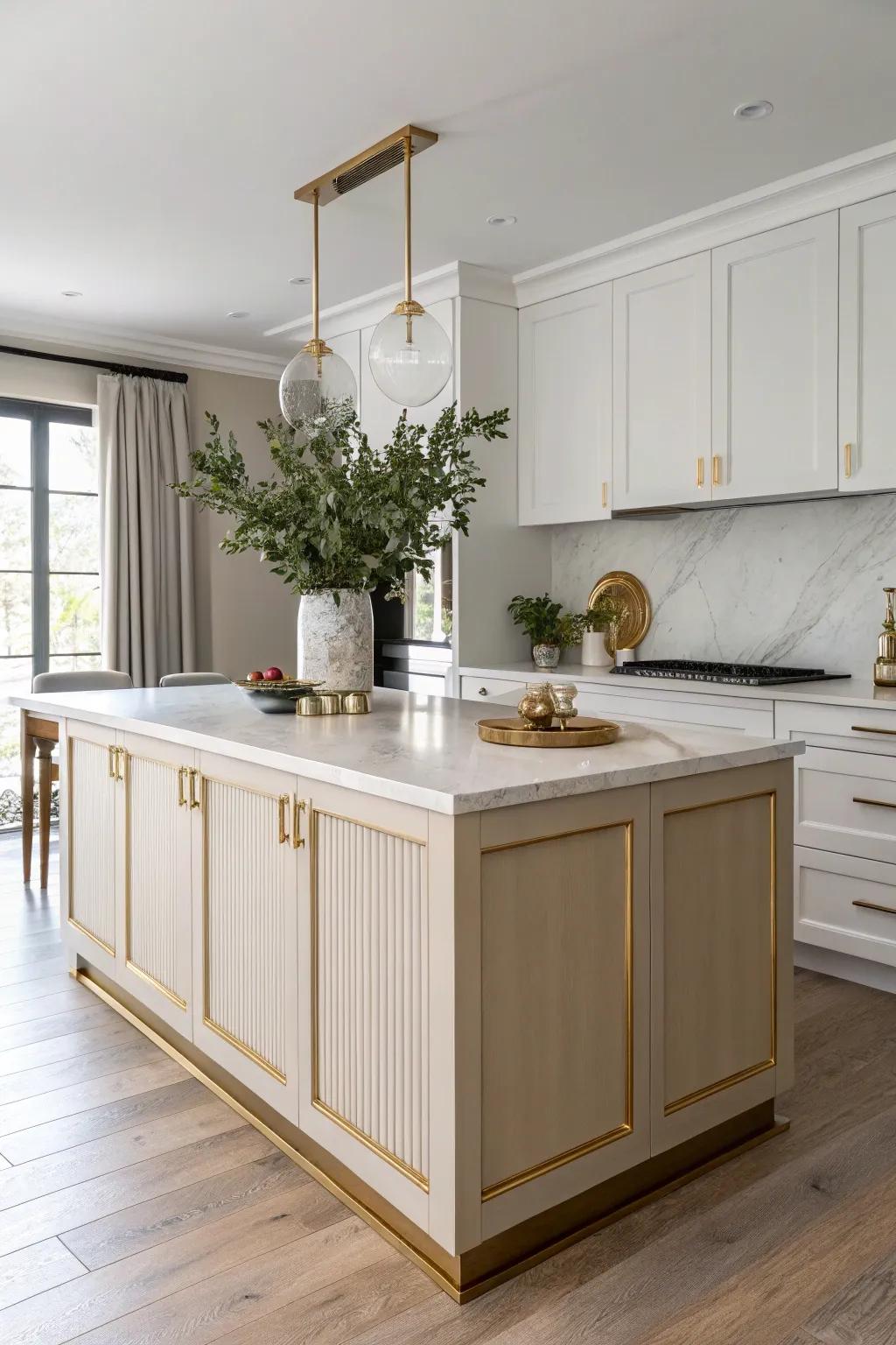 Elevate your kitchen island with luxurious brushed gold accents for a touch of elegance.